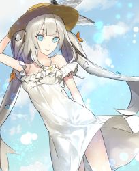 Rule 34 | 1girl, arm behind back, blue eyes, blue sky, bow, breasts, cleavage, cloud, day, dress, dutch angle, fate/grand order, fate (series), floating hair, ginka sima, hand on headwear, hat, hat bow, lens flare, long hair, marie antoinette (fate), marie antoinette (fate/grand order), marie antoinette (swimsuit caster) (fate), marie antoinette (swimsuit caster) (second ascension) (fate), silver hair, sky, sleeveless, sleeveless dress, small breasts, solo, standing, straw hat, striped, striped bow, sun hat, sundress, very long hair, white dress, yellow hat