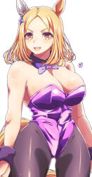 Rule 34 | 1girl, absurdres, alternate costume, animal ears, bare shoulders, black pantyhose, blonde hair, bow, bowtie, breasts, cleavage, commentary request, covered navel, cowboy shot, detached collar, ear covers, ear ornament, highres, horse ears, horse girl, horse tail, large breasts, leotard, long hair, narita top road (umamusume), pantyhose, parted bangs, purple bow, purple bowtie, purple leotard, simple background, single ear cover, smile, solo, strapless, strapless leotard, tail, takllou, umamusume, white background, wrist cuffs, yellow eyes