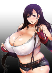 Rule 34 | 1girl, belly, belt, black hair, blush, breasts, cleavage, covered erect nipples, final fantasy, final fantasy vii, gloves, hand on own hip, huge breasts, long hair, looking at viewer, miniskirt, one eye closed, plump, puffy nipples, red eyes, skirt, solo, suspender skirt, suspenders, thighs, tifa lockhart, wink