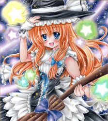 Rule 34 | 1girl, adapted costume, alternate eye color, alternate hair color, apron, blue background, blue eyes, bow, braid, broom, gloves, hair bow, half gloves, hand on headwear, hat, hat ribbon, kirisame marisa, light trail, long hair, marker (medium), open mouth, orange hair, outstretched arm, ribbon, shikishi, short sleeves, sidelocks, smile, solo, star (symbol), touhou, traditional media, tsukikageriru, waist apron, witch hat