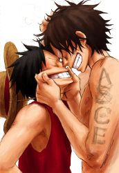 Rule 34 | 2boys, airotagivan, bad id, bad pixiv id, brothers, cheek pinching, cheek pull, closed eyes, happy, hat, monkey d. luffy, multiple boys, one piece, pinching, portgas d. ace, siblings, simple background, smile, straw hat, tattoo
