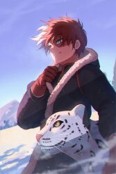 Rule 34 | 1boy, absurdres, alternate costume, animal, black coat, blue eyes, boku no hero academia, brown eyes, closed mouth, coat, day, fur-trimmed coat, fur trim, gloves, heterochromia, highres, male focus, matsumotoshinnnosuke, multicolored hair, outdoors, red gloves, red hair, smile, snow, snow leopard, solo, split-color hair, todoroki shouto, two-tone hair, white hair, winter clothes, winter coat