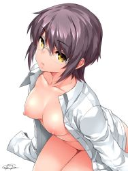 Rule 34 | 1girl, bottomless, breasts, closed mouth, dated, dress shirt, glasses, happa (cloverppd), looking at viewer, medium breasts, nagato yuki, naked shirt, open clothes, open shirt, purple hair, shirt, signature, simple background, sitting, solo, suzumiya haruhi no yuuutsu, white background, yellow eyes