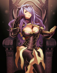 Rule 34 | 1girl, armchair, armor, book, breasts, camilla (fire emblem), chair, circlet, cleavage, curly hair, dark background, female focus, fire emblem, fire emblem fates, gauntlets, hair over one eye, highres, large breasts, crossed legs, long hair, looking at viewer, nintendo, purple eyes, purple hair, quest (artist), red aphelion, sitting, solo, throne