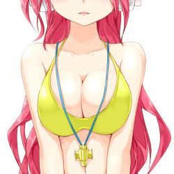 Rule 34 | 1girl, bare shoulders, bemani, bikini, blush, breasts, cleavage, collarbone, head out of frame, headphones, kuro (be ok), large breasts, long hair, looking at viewer, navel, rasis, red hair, simple background, solo, sound voltex, sound voltex ii infinite infection, swimsuit, upper body, white background, yellow bikini