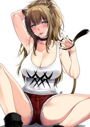 Rule 34 | 1girl, :d, adjusting hair, animal ears, arknights, arm behind head, armpits, ass, bad id, bad pixiv id, bare shoulders, black nails, blonde hair, blush, boots, breasts, cleavage, collar, highres, lion ears, lion tail, nail polish, open mouth, ponytail, shorts, siege (arknights), sitting, smile, solo, spread legs, tail, tank top, teeth, xter, yellow eyes