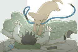 Rule 34 | 1boy, absurdres, animal, avogado6, bed sheet, black hair, bottle, brown dog, cellphone, collar, commentary, dog, highres, jumping, leash, long sleeves, lying, male focus, on back, original, phone, pillow, shirt, short hair, solo, waking another, water bottle, white shirt