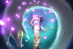 Rule 34 | 1girl, artist name, bare arms, black sclera, braid, breasts, collarbone, colored sclera, green background, highres, kindred (league of legends), lamb (league of legends), league of legends, long hair, lying, navel, on back, open mouth, petals, pink eyes, pink hair, small breasts, spirit blossom kindred, twin braids, uranophane, water, yellow eyes