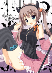 Rule 34 | 1girl, :d, absurdres, armpit peek, bat (animal), bat wings, black hairband, black shirt, black thighhighs, blue eyes, blush, bow, breasts, brown hair, commentary request, covered erect nipples, detached sleeves, fake horns, fingernails, frilled shirt, frilled sleeves, frills, ghost, hair between eyes, hair ornament, hairband, halloween, hands up, happy halloween, head tilt, heart, hexagon, highres, holding, horns, long hair, long sleeves, looking at viewer, medium breasts, navel, open mouth, orange bow, panties, pink panties, pink skirt, sanoba witch, shiiba tsumugi, shirt, sitting, skirt, sleeveless, sleeveless shirt, smile, solo, sparkle, star (symbol), star hair ornament, striped clothes, striped thighhighs, thighhighs, twintails, underwear, vertical-striped clothes, vertical-striped thighhighs, wide sleeves, wings, xiaosamiao