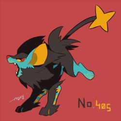Rule 34 | animal ears, animal hands, artist name, auko, colored sclera, creatures (company), english text, fangs, feet, from side, full body, furry, game freak, gen 4 pokemon, jumping, looking down, luxray, nintendo, open mouth, pokemon, pokemon (creature), pokemon dppt, red background, red sclera, signature, simple background, solo, tail, teeth, text focus, yellow eyes