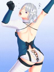 Rule 34 | 1girl, artist request, ass, back, backboob, bandages, braid, breasts, butt crack, flower, frilled panties, frills, from behind, gloves, gradient background, hair flower, hair ornament, highres, kaine (nier), lily (flower), looking at viewer, looking back, nier, nier (series), one eye closed, open mouth, panties, purple eyes, short hair, silver hair, solo, stretching, tears, underwear, yawning