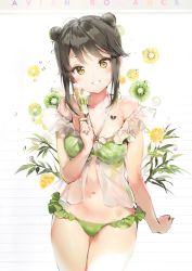 Rule 34 | 1girl, absurdres, anmi, bikini, black hair, blush, brown hair, food, green bikini, highres, holding, looking at viewer, mole, mole under mouth, navel, original, parted lips, popsicle, scan, simple background, smile, solo, stomach, swimsuit, tattoo, white background
