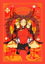 Rule 34 | 1girl, absurdres, bare shoulders, breasts, brown hair, china dress, chinese clothes, closed eyes, closed mouth, commentary request, detached sleeves, dress, frown, fukamichi ran&#039;ou, full body, guilty gear, highres, indian style, kuradoberi jam, long hair, meditation, red dress, sitting, solo, very long hair
