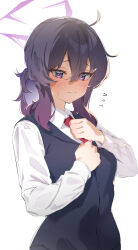 Rule 34 | 1girl, adjusting clothes, adjusting necktie, blue archive, blue vest, blush, flying sweatdrops, halo, haruka (blue archive), haruka (suit) (blue archive), highres, karan, long sleeves, looking ahead, necktie, official alternate costume, purple eyes, purple hair, red necktie, revision, shirt, simple background, solo, sweatdrop, upper body, vest, white background, white shirt