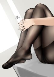 Rule 34 | 1girl, absurdres, ass, black nails, brown pantyhose, commentary, dutch angle, english commentary, feet, fine fabric emphasis, from side, grey background, heart, highres, hugging own legs, interlocked fingers, knees up, legs, legs together, lower body, nail polish, no shoes, original, pantyhose, pupi (rain prophet), shadow, shiny clothes, solo, thighs, toes, white nails