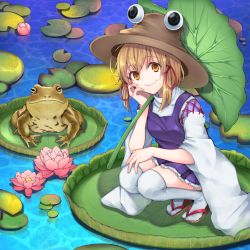 Rule 34 | 13 (spice!!), 1girl, blonde hair, brown hat, closed mouth, flower, frog, full body, hair ribbon, hat, highres, lily pad, looking at viewer, lotus, miniskirt, moriya suwako, orange eyes, over-kneehighs, purple skirt, red ribbon, ribbon, sandals, skirt, skirt set, smile, solo, squatting, thighhighs, touhou, tress ribbon, vest, water, white thighhighs, wide sleeves