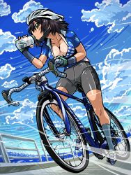 Rule 34 | 10s, 1girl, bicycle, bike jersey, bike shorts, black hair, breasts, cleavage, cloud, day, drinking, fingerless gloves, girls und panzer, gloves, green eyes, hoshino (girls und panzer), large breasts, looking at viewer, ocean, r-ex, shoes, short hair, sitting, sky, socks, solo, sweat, tan, tanline, tomboy