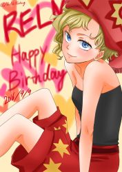 Rule 34 | 1990s (style), 1girl, :3, bad id, bad pixiv id, blonde hair, blue eyes, character name, dated, dress, final fantasy, final fantasy vi, happy birthday, hat, heart, highres, looking at viewer, noi (akireinnocent), relm arrowny, short hair, shorts, smile, solo, strapless, strapless dress, tube top