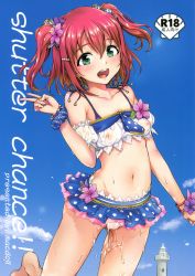 Rule 34 | 1girl, :d, absurdres, aqua eyes, barefoot, bikini, blush, cameltoe, cover, cover page, covered erect nipples, flower, gluteal fold, hair flower, hair ornament, hibiscus, highres, jumping, kurosawa ruby, lighthouse, love live!, love live! school idol festival, love live! sunshine!!, navel, nipples, open mouth, pussy juice, red hair, scan, scrunchie, see-through, shijou mako, smile, solo, stomach, striped clothes, striped scrunchie, swimsuit, two side up, wet, wet clothes, wrist flower, wrist scrunchie