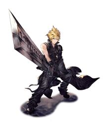 Rule 34 | 1boy, black gloves, blonde hair, blue eyes, cloud strife, fighting stance, final fantasy, final fantasy brave exvius, final fantasy vii, final fantasy vii advent children, fusion swords, gloves, highres, holding, holding sword, holding weapon, looking at viewer, official art, ryuji ohara, simple background, single shoulder pad, single sleeve, solo, spiked hair, sword, war of the visions: final fantasy brave exvius, weapon