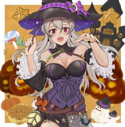 Rule 34 | 1girl, banelon, breasts, candy, castle, cleavage, corrin (female) (fire emblem), corrin (female) (halloween) (fire emblem), corrin (fire emblem), detached sleeves, earrings, fire emblem, fire emblem fates, fire emblem heroes, food, ghost, grey hair, hair between eyes, halloween, hat, highres, holding, holding wand, jewelry, lantern, lollipop, long hair, long sleeves, looking at viewer, medium breasts, nintendo, open mouth, pie, pointy ears, pumpkin, purple eyes, smile, solo, swirl lollipop, teeth, tongue, upper teeth only, wand, witch hat