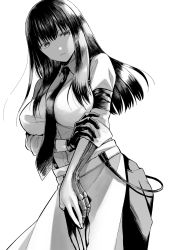 Rule 34 | 1girl, apron, biomega, black hair, blunt bangs, breasts, closed mouth, collared shirt, commentary, dress shirt, expressionless, formal, greyscale, highres, lips, long hair, long sleeves, looking at viewer, mechanical arms, monochrome, necktie, nyaldee, sakuma tsukasa, shirt, simple background, single mechanical arm, solo, standing, suspenders, white background