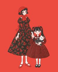 Rule 34 | 2girls, black dress, black footwear, black hair, bow, child, collar, collared dress, dress, earrings, floral print, flower, footwear request, frilled collar, frilled sleeves, frills, hair bow, hair flaps, hair ribbon, hand on own thigh, headwear request, height difference, highres, holding, holding hands, holding stuffed toy, jewelry, juliet sleeves, loafers, lolita fashion, long sleeves, looking away, looking to the side, medium hair, multiple girls, original, plaid, plaid dress, polka dot, polka dot bow, puffy sleeves, red background, red bow, red dress, red flower, red footwear, red headwear, red lips, red ribbon, red rose, red theme, ribbon, rikuwo, rose, rose print, shoes, short hair, siblings, sisters, stuffed animal, stuffed toy, sweet lolita, teddy bear, twintails