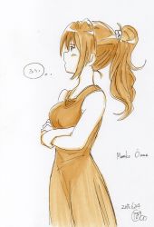 Rule 34 | 10s, 1girl, blush, character name, commentary request, crossed arms, dated, dress, hibike! euphonium, highres, monochrome, oumae mamiko, ponytail, potekite, solo, translation request