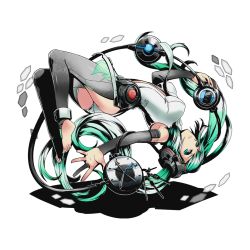 Rule 34 | 10s, 1girl, barefoot, black legwear, blue nails, breasts, detached sleeves, divine gate, feet, floating hair, floating neckwear, full body, green eyes, green hair, hair ornament, hatsune miku, hatsune miku (append), holding, leotard, long hair, medium breasts, nail polish, outstretched arm, shadow, solo, toenail polish, toenails, toes, transparent background, twintails, ucmm, very long hair, vocaloid, vocaloid append, white leotard