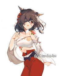 Rule 34 | 1girl, animal ears, bare shoulders, blue bow, bow, braid, breasts, brown hair, commentary, cowboy shot, detached sleeves, eyepatch, final fantasy, final fantasy xiv, flower, hair bow, hair flower, hair ornament, long sleeves, looking at viewer, medium breasts, midriff, miqo&#039;te, open mouth, red eyes, red flower, red skirt, scoop404, short hair, shoulder tattoo, simple background, single braid, skirt, solo, standing, strapless, tattoo, tube top, warrior of light (ff14), white background