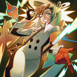 Rule 34 | 1girl, armband, asymmetrical gloves, black gloves, cane, creatures (company), electric miku (project voltage), electricity, game freak, gen 4 pokemon, gloves, green eyes, grin, hat, hatsune miku, highres, im honeybread, jumpsuit, lightning bolt symbol, long hair, long sleeves, looking at viewer, mismatched gloves, multicolored hair, nintendo, poke ball, pokemon, project voltage, red gloves, rotom, rotom (normal), smile, twintails, two-tone hair, ultra ball, very long hair, vocaloid, yellow armband