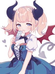 Rule 34 | 1girl, :d, black bow, blue bow, blue dress, blush, bow, breasts, brown eyes, card, collared shirt, curled horns, demon girl, demon horns, demon tail, demon wings, dress, gremory (shadowverse), hand up, heart, highres, holding, holding card, horns, karunabaru, light brown hair, looking at viewer, medium breasts, open mouth, pointy ears, puffy short sleeves, puffy sleeves, red wings, shadowverse, shirt, short sleeves, simple background, smile, solo, strapless, strapless dress, tail, twintails, white background, white shirt, wings