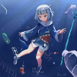 Rule 34 | 1girl, animal hood, artist request, blue eyes, can, drinking straw, fins, fish tail, fork, gawr gura, gawr gura (1st costume), hololive, hololive english, hood, hoodie, hook, net, polearm, pollution, slippers, string, tail, trash, trident, underwater, virtual youtuber, weapon