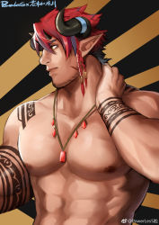 Rule 34 | 1boy, abs, bara, beard, between pectorals, bodypaint, braid, commission, demon boy, demon horns, facial hair, hair between eyes, hand on own neck, highres, horns, jewelry, large pectorals, lips, male focus, mature male, multiple braids, muscular, muscular male, necklace, nipples, nude, original, pectorals, pointy ears, powerlesssong, red hair, short hair, solo, stomach, stubble, upper body, weibo logo, weibo watermark