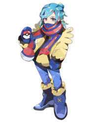 Rule 34 | 1boy, absurdres, blue footwear, blue mittens, blue pants, blue scarf, boots, bright pupils, commentary, creatures (company), eyelashes, full body, game freak, green hair, grusha (pokemon), highres, holding, holding poke ball, jacket, long sleeves, male focus, mittens, nintendo, pants, piyomaru (hachiyonnxxxx), poke ball, poke ball (basic), poke ball print, pokemon, pokemon sv, scarf, solo, standing, striped clothes, striped scarf, white pupils, yellow jacket