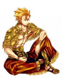 Rule 34 | 1boy, gilgamesh (fate/prototype), armor, bad id, bad pixiv id, blonde hair, bracelet, capelet, earrings, fate/prototype, fate (series), greaves, jewelry, male focus, muscular, necklace, red eyes, topless male, sitting, solo, vidro5