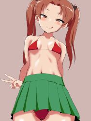 Rule 34 | 1girl, bikini, blush, breasts, brown eyes, brown hair, girls und panzer, highres, kadotani anzu, looking at viewer, navel, picccolo0401, skirt, small breasts, solo, swimsuit, tongue, tongue out, twintails, v