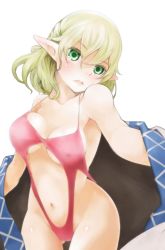 Rule 34 | 1girl, bad id, bad pixiv id, bikini, blonde hair, blush, breasts, face, female focus, green eyes, highres, large breasts, lips, mizuhashi parsee, nurami (shouji), one-piece swimsuit, open mouth, pointy ears, short hair, solo, swimsuit, tears, touhou, undressing