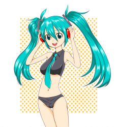 Rule 34 | 1girl, arms up, cameltoe, green eyes, green hair, hatsune miku, headphones, long hair, matching hair/eyes, midriff, navel, necktie, open mouth, polka dot, polka dot background, solo, twintails, vocaloid, yasu (nws0398f)