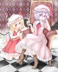 Rule 34 | 2girls, argyle, argyle background, argyle clothes, ascot, back bow, blonde hair, blue brooch, boots, bow, breasts, brooch, brown footwear, chair, checkered floor, collared shirt, cup, drinking glass, feet out of frame, flandre scarlet, frilled shirt, frilled shirt collar, frilled skirt, frills, full body, hair between eyes, hat, hat ribbon, head tilt, highres, holding, holding cup, jewelry, large bow, looking at viewer, mob cap, multiple girls, on chair, open mouth, pechimaru, pink bow, pink headwear, pink shirt, pink skirt, pointy ears, puffy short sleeves, puffy sleeves, purple hair, red eyes, red ribbon, red skirt, red vest, remilia scarlet, ribbon, shirt, short sleeves, siblings, sisters, sitting, skirt, small breasts, socks, touhou, vest, white headwear, white shirt, white socks, wine glass, wings, wrist cuffs, yellow ascot