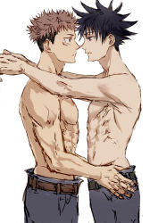 Rule 34 | 2boys, abs, arms around neck, belt, black hair, blue eyes, brown eyes, commentary request, eye contact, face-to-face, facial mark, fushiguro megumi, hands on another&#039;s hips, itadori yuuji, jujutsu kaisen, looking at another, male focus, multiple boys, nori20170709, noses touching, pants, pectorals, pink hair, short hair, simple background, spiked hair, toned, toned male, topless male, undercut, white background, yaoi