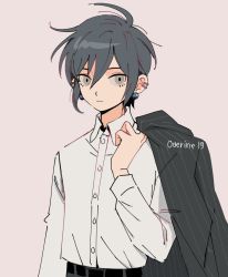 Rule 34 | 1boy, ahoge, belt, black belt, black eyes, black hair, black jacket, closed mouth, collared shirt, danganronpa (series), danganronpa v3: killing harmony, dress shirt, ear piercing, earrings, grey background, hair between eyes, highres, holding, holding clothes, holding jacket, jacket, jewelry, long sleeves, looking at viewer, male focus, messy hair, overine19, piercing, saihara shuichi, shirt, shirt tucked in, short hair, simple background, solo, striped clothes, striped jacket, unworn jacket, upper body, white shirt