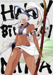 Rule 34 | 1girl, absurdres, blue eyes, bow (weapon), breasts, character name, cleavage, dark-skinned female, dark skin, english text, eyepatch, fundoshi, highres, holding, holding bow (weapon), holding weapon, japanese clothes, large breasts, long hair, majikina mina, navel, ponytail, samurai spirits, solo, standing, tan, towoko (orange bitch), very long hair, weapon, white hair