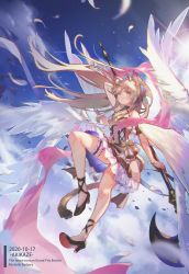 Rule 34 | 1girl, absurdres, ahoge, akikaze (huansudou), animal ear fluff, animal ears, artist name, blue eyes, blurry, blurry foreground, bow, breasts, brooch, brown hair, cleavage, closed mouth, commentary request, dated, diffraction spikes, dress, dress bow, english text, feathers, flying, frilled dress, frills, frown, full body, hair between eyes, hair bow, halterneck, high heels, highres, holding, holding polearm, holding weapon, jewelry, bridal garter, lens flare, long hair, looking at viewer, original, polearm, red bow, serious, sidelocks, sky, sleeveless, sleeveless dress, small breasts, solo, sun, v-shaped eyebrows, weapon, white wings, wings, yellow bow