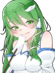 Rule 34 | 1girl, bare shoulders, blush, breast hold, breasts, commentary request, detached sleeves, eringi (rmrafrn), frog hair ornament, green eyes, green hair, hair between eyes, hair ornament, hair tubes, kochiya sanae, long hair, long sleeves, looking at viewer, medium breasts, shirt, simple background, single sidelock, smile, snake hair ornament, solo, touhou, upper body, white background, white shirt