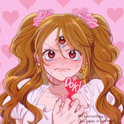 Rule 34 | 1girl, artist request, blush, brown eyes, brown hair, charlotte pudding, closed mouth, earrings, flower, hair flower, hair ornament, hands on own chest, highres, jewelry, lips, long hair, looking at another, one piece, parted lips, pink background, pink flower, simple background, solo, teardrop, tears, third eye, twintails, wavy mouth