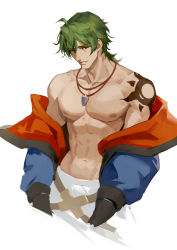 Rule 34 | 1boy, ahoge, bare pectorals, brown eyes, green hair, hair between eyes, highres, jacket, jewelry, joe (sk8), joe (sk8 the infinity), looking at viewer, male focus, navel, necklace, pectorals, salas sar, shoulder tattoo, simple background, sk8 the infinity, sketch, smile, solo, tattoo, toned, white background