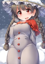 Rule 34 | 1girl, black hair, braid, cold, dress, fun bo, hat, long hair, looking at viewer, open mouth, red eyes, snow, solo, standing, touhou, twin braids, twintails, yatadera narumi