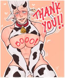 Rule 34 | 1boy, abs, animal ears, animal print, bacchyarts, blue eyes, blush, cow ears, cow horns, cow print, cow tail, cowbell, elbow gloves, gloves, grey hair, heart, highres, horns, jean pierre polnareff, jojo no kimyou na bouken, large pectorals, looking at viewer, male focus, muscular, muscular male, navel, nipples, pectorals, smirk, solo, stardust crusaders, tail, thighhighs, thighs