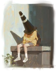 Rule 34 | 1girl, absurdres, artist name, backpack, bag, commentary, english commentary, highres, jacket, long sleeves, original, shoes, sitting, sneakers, socks, solo, thien ngo, traffic cone on head, white socks, yellow jacket